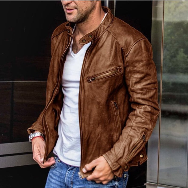 Męska Kurtka Biker - Casual z Kołnierzem Stójką
