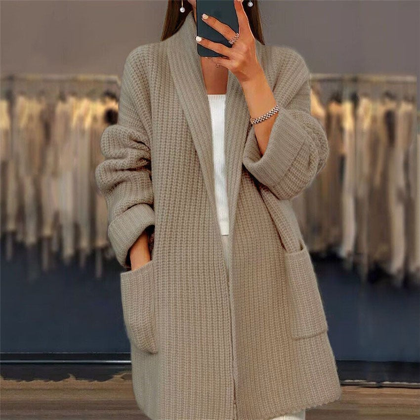 Damski Długi Kardigan Dzianinowy – Stylowy Prążkowany Krój Oversize