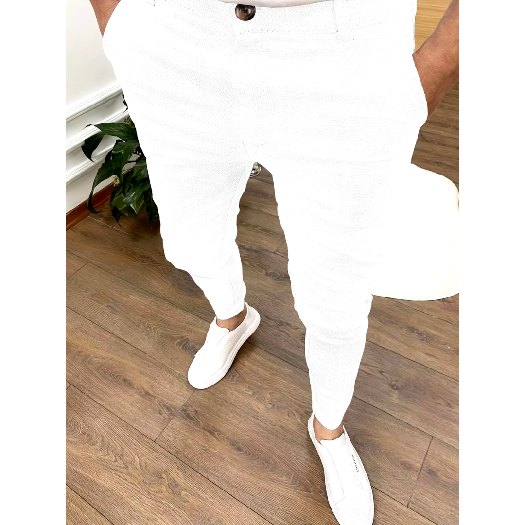 Męskie spodnie Slim Fit - teksturowany wzór i zapięcie na guzik