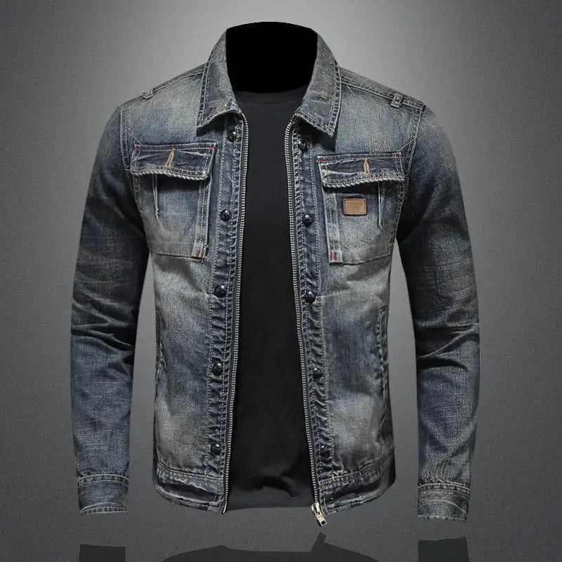 Męska Kurtka Jeansowa w Stylu Vintage - Retro Szary Denim na Guziki