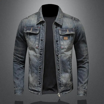 Męska Kurtka Jeansowa w Stylu Vintage - Retro Szary Denim na Guziki