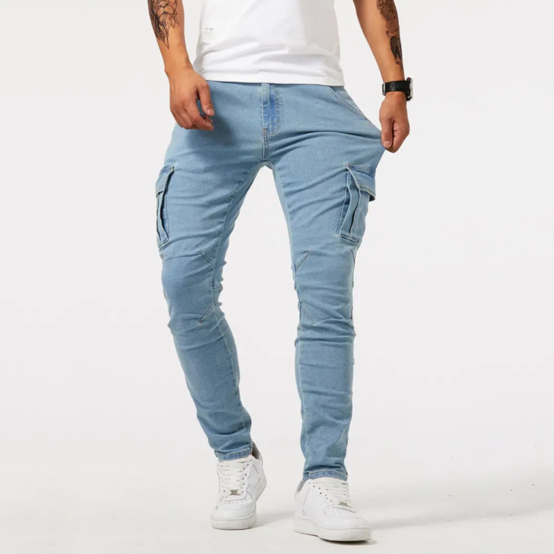 Męskie Jeansy Cargo - Fason Slim-Fit I Boczne Kieszenie Z Patkami