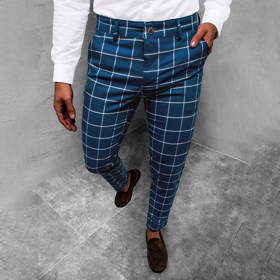 Męskie Spodnie do Pracy w Kratę - Fason Slim Fit
