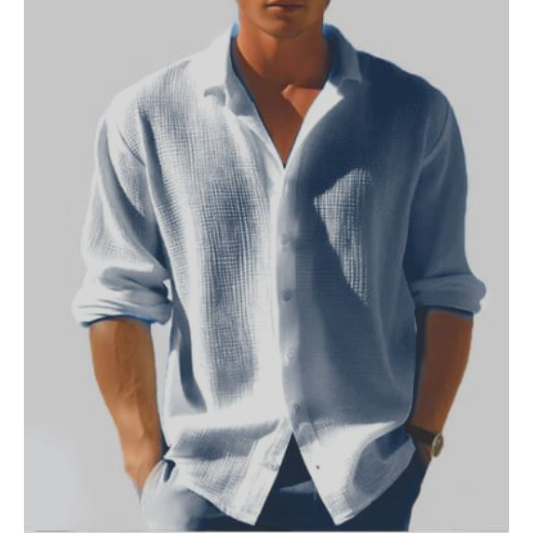 Męska koszula lniana z długim rękawem - Zapięcie na Guziki i Klasyczny Kołnierzyk