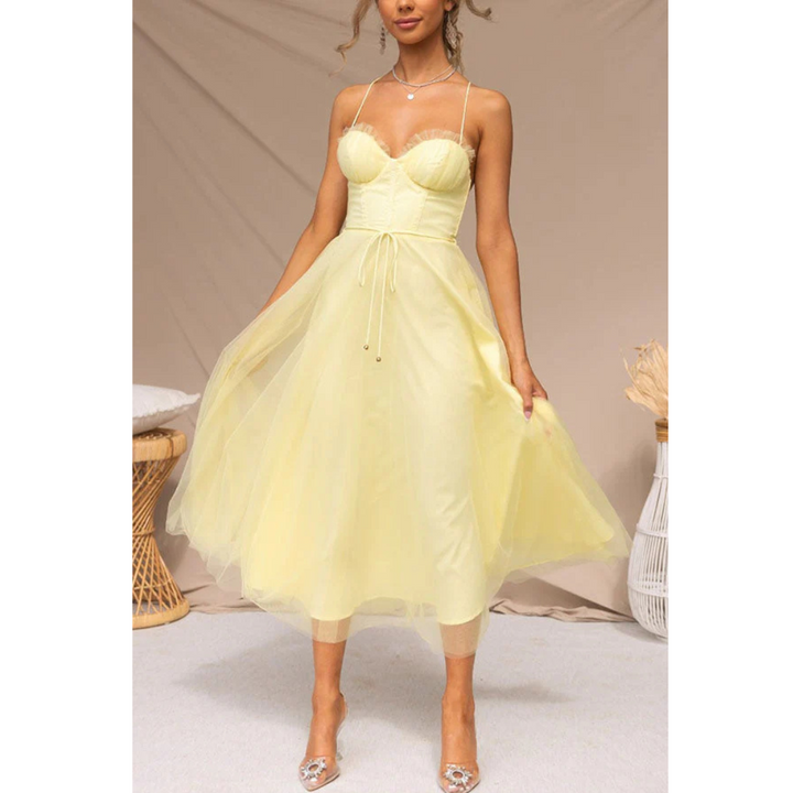 Damska Sukienka Midi z Tiulu - Gorsetowy Gorset i Regulowane Ramiączka