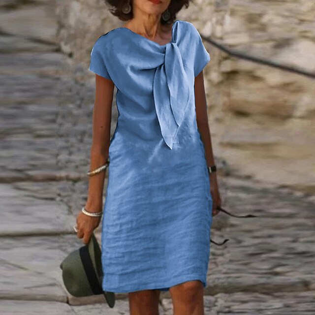 Lniana Sukienka Midi Damska - Detal z Węzłem z Przodu i Krótkie Rękawki