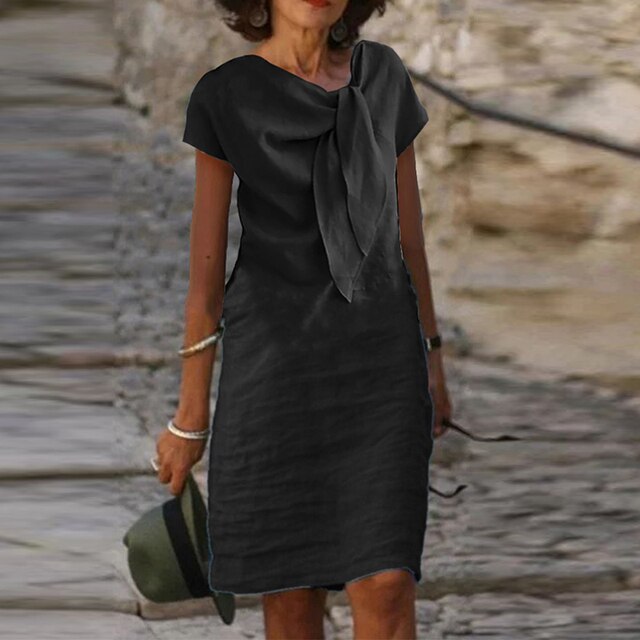 Lniana Sukienka Midi Damska - Detal z Węzłem z Przodu i Krótkie Rękawki