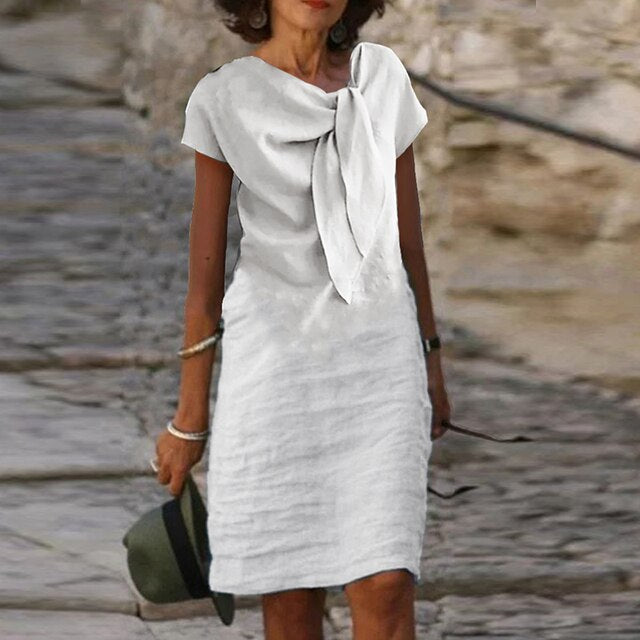 Lniana Sukienka Midi Damska - Detal z Węzłem z Przodu i Krótkie Rękawki