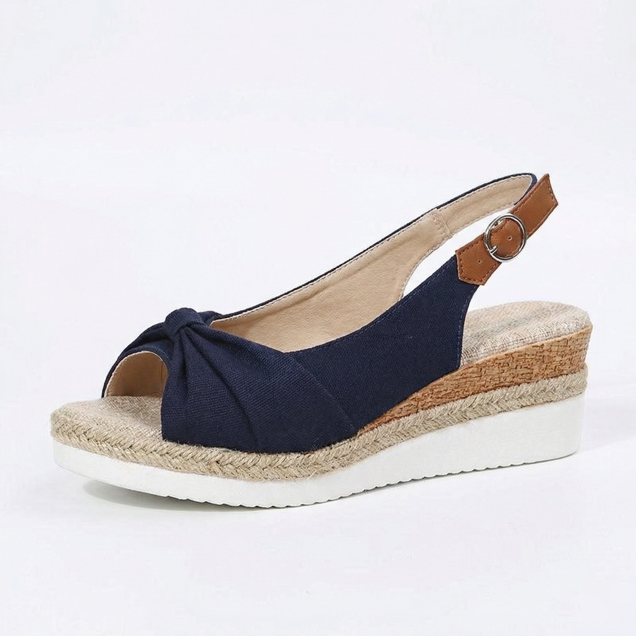 Damskie Sandały na Koturnie - Detal Węzeł i Pleciona Podeszwa na Koturnie