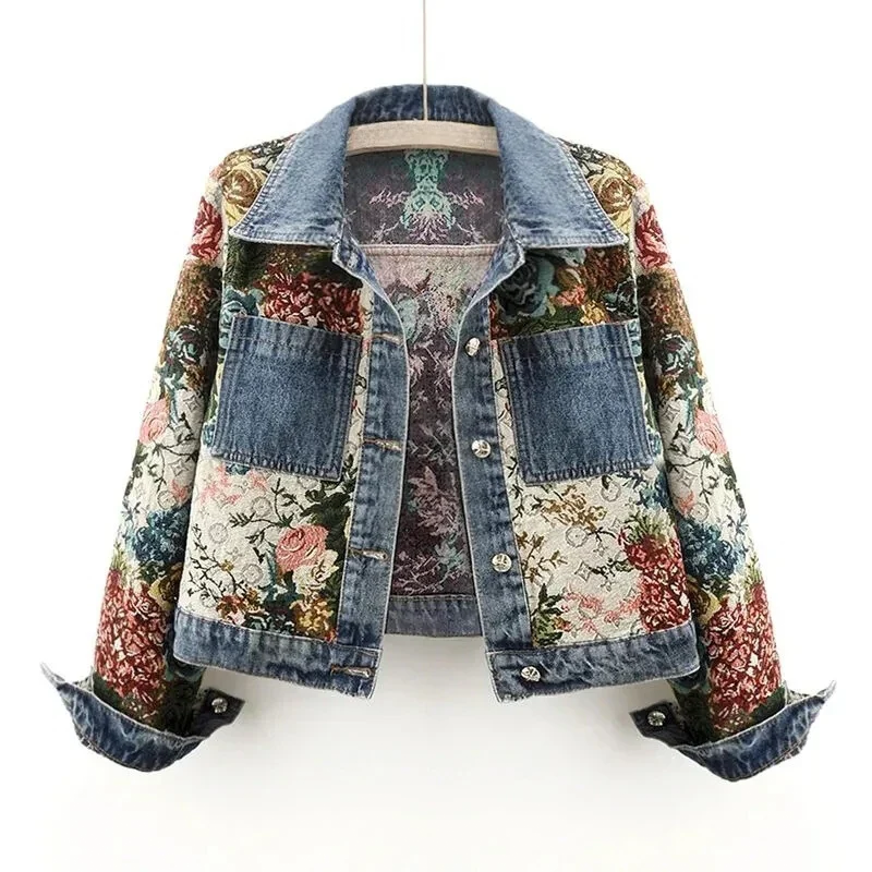 Damska Jeansowa Kurtka w Kwiaty - Modny Denim w Stylu Vintage z Nadrukiem