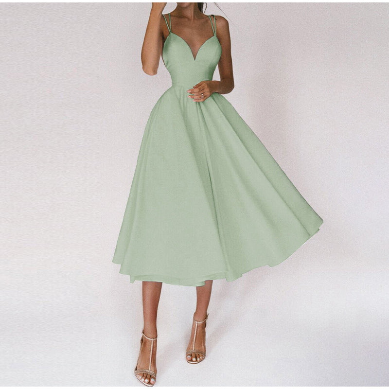 Damska Sukienka Koktajlowa Midi - Dekolt V i Podwójne Ramiączka Spaghetti