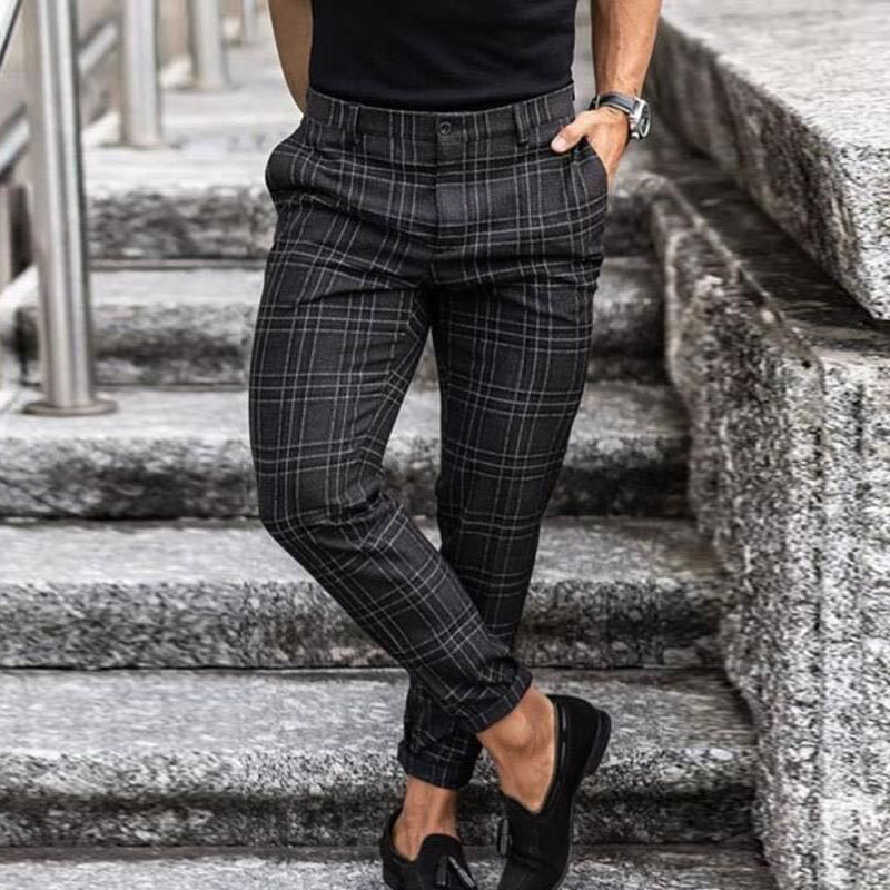 Męskie Spodnie do Pracy w Kratę - O Kroju Slim Fit, ze Zwężaną Nogawką