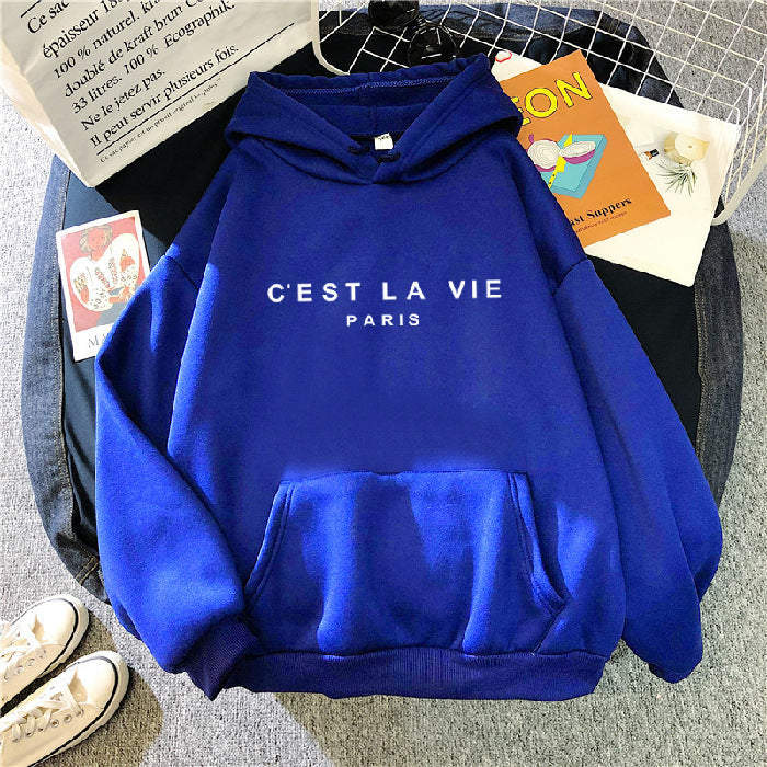 Damska Luźna Bluza z Kapturem - 'C'est La Vie' Paris, z Kieszenią Kangurką