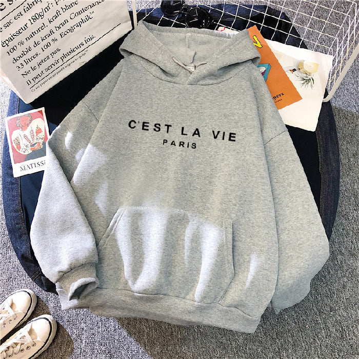 Damska Luźna Bluza z Kapturem - 'C'est La Vie' Paris, z Kieszenią Kangurką