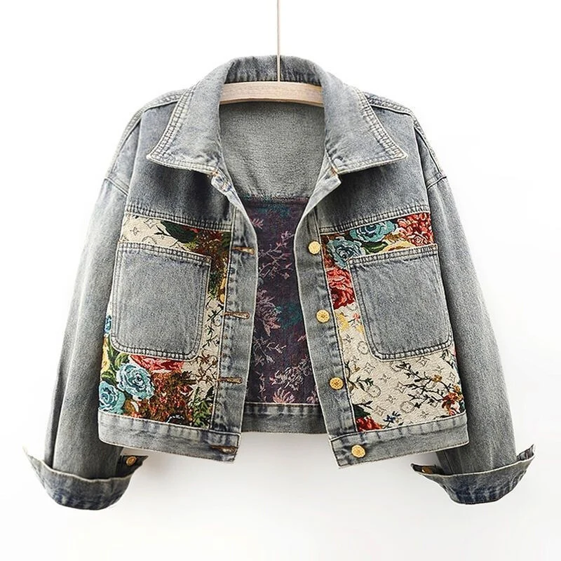 Damska Jeansowa Kurtka w Kwiaty - Modny Denim w Stylu Vintage z Nadrukiem