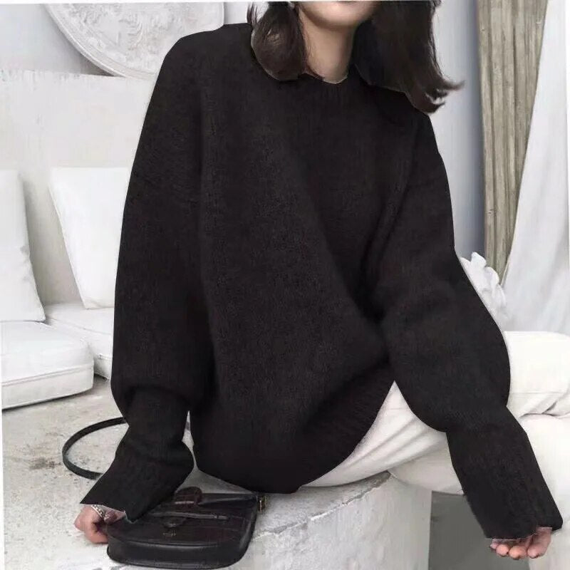 Damski Sweter Oversize - Dzianinowy, Z Okrągłym Dekoltem