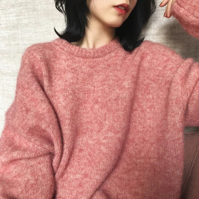 Damski Sweter Oversize - Dzianinowy, Z Okrągłym Dekoltem