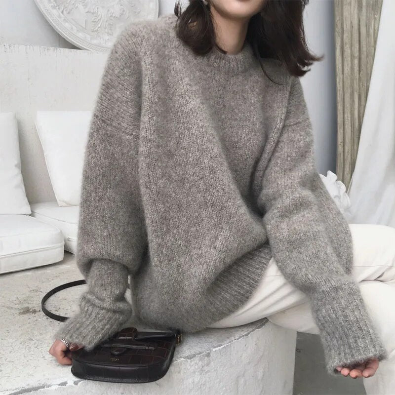 Damski Sweter Oversize - Dzianinowy, Z Okrągłym Dekoltem