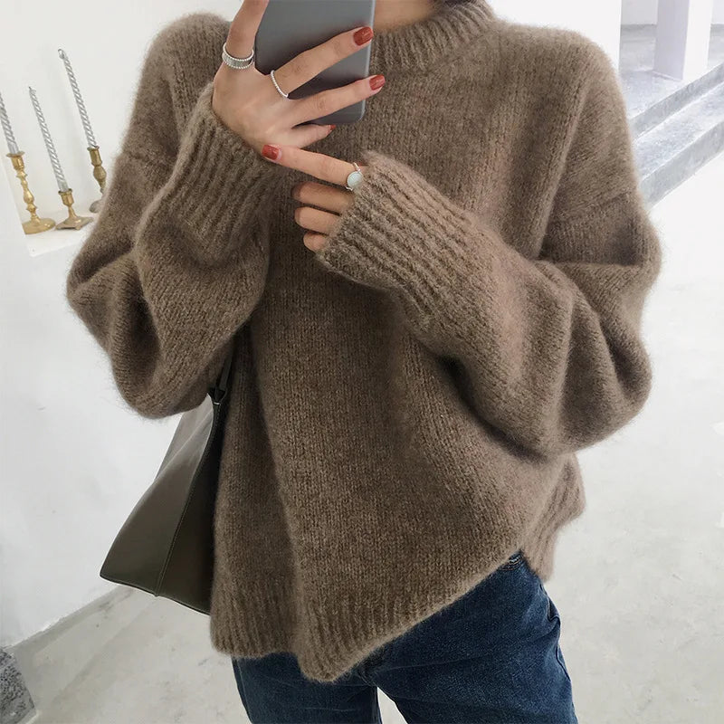 Damski Sweter Oversize - Dzianinowy, Z Okrągłym Dekoltem