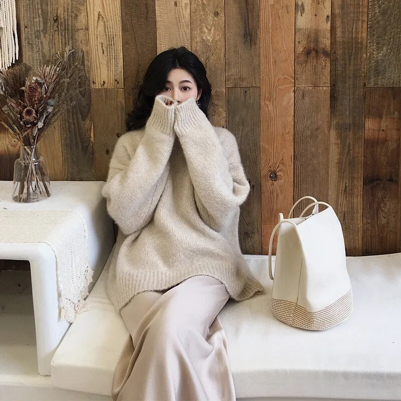 Damski Sweter Oversize - Dzianinowy, Z Okrągłym Dekoltem