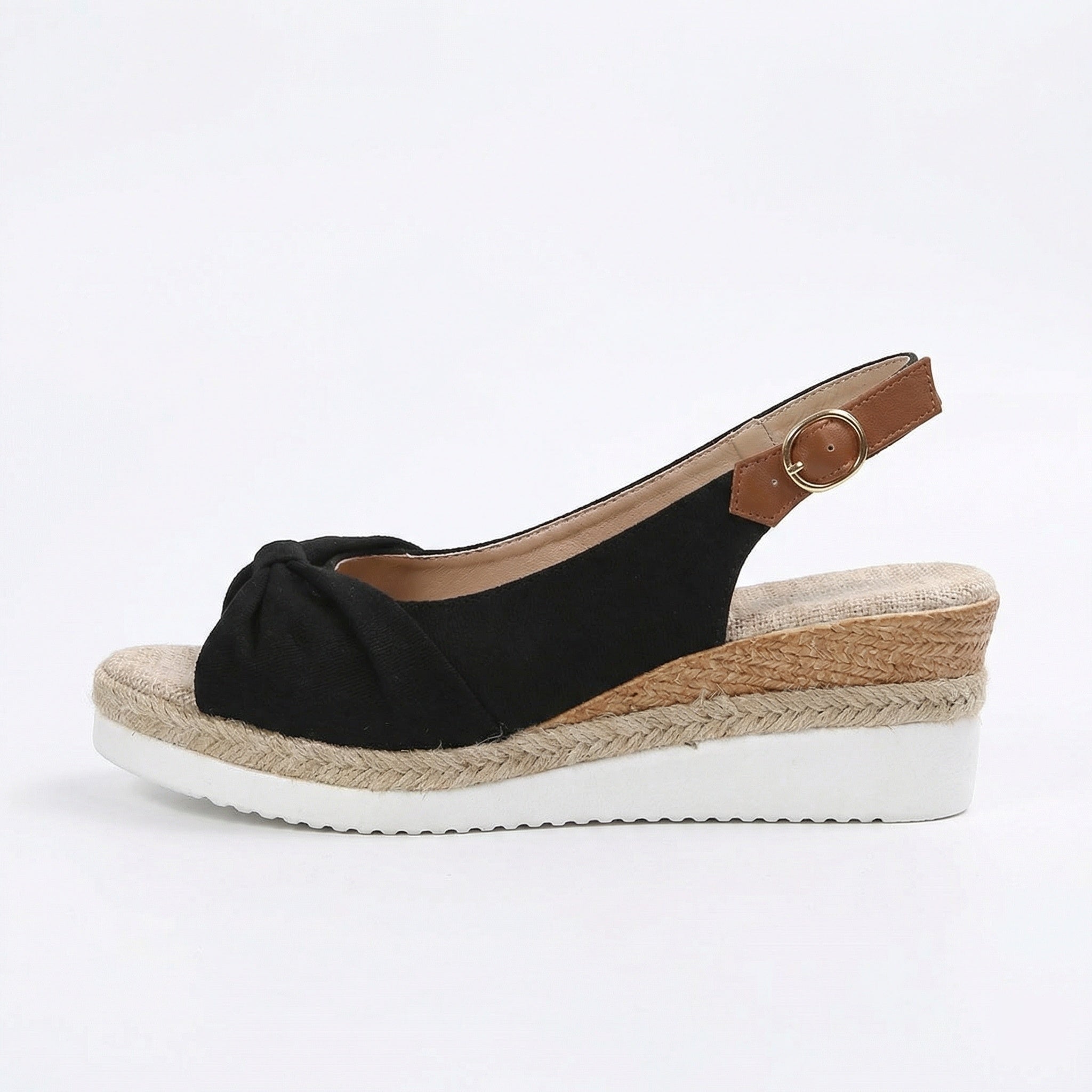 Damskie Sandały na Koturnie - Detal Węzeł i Pleciona Podeszwa na Koturnie